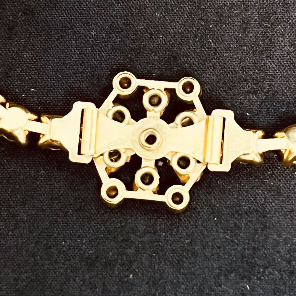 Vintage Gold Tone Blue And Clear Rhinestone Floral Tennis Bracelet (3800) - Picture 7 of 9